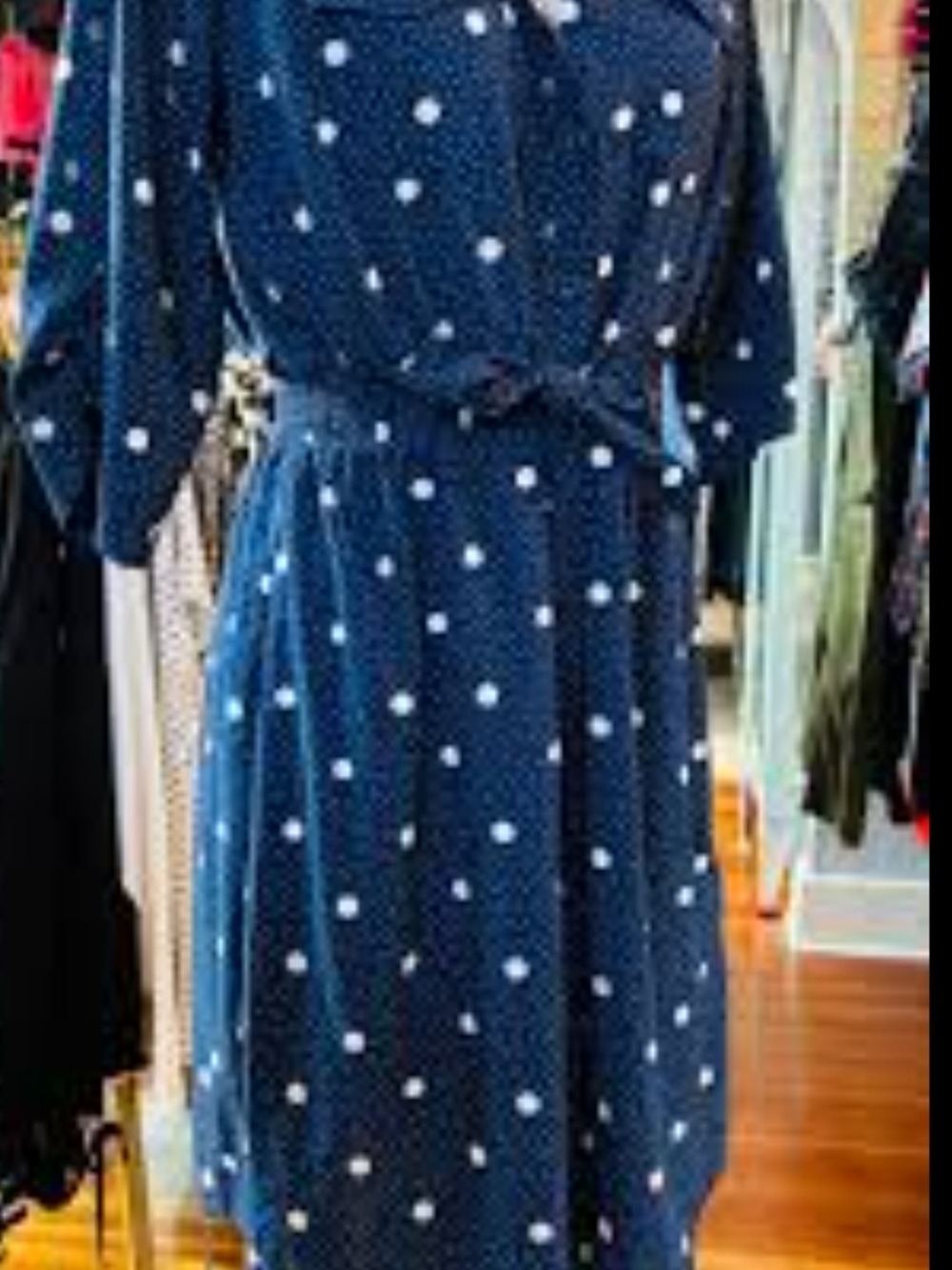 Navy Polka Dot Midi Dress with Waist Tie